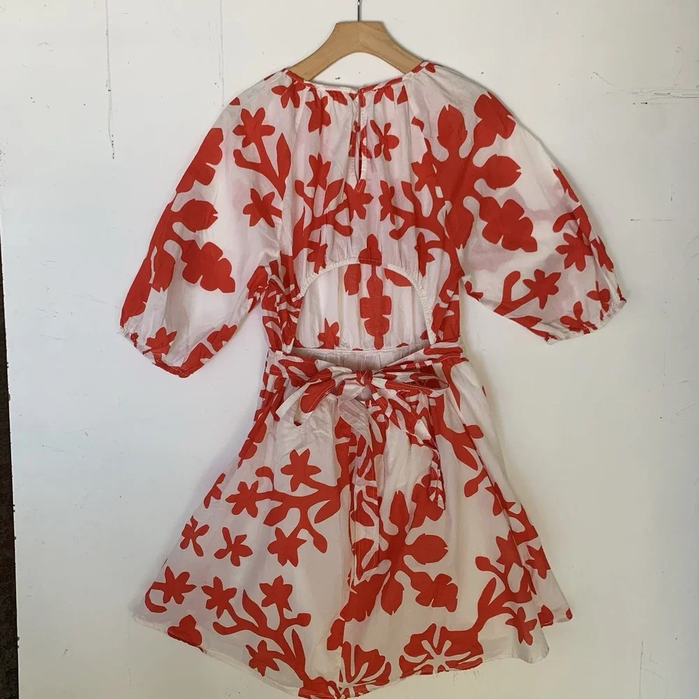 H&M Floral Print Dress Red White Puff Sleeve Mini Dress Summer Size S - Picture 4 of 11